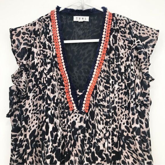 THML Black Tan Animal Print Fringe Neck Popover Cotton Dress - Picture 3 of 16